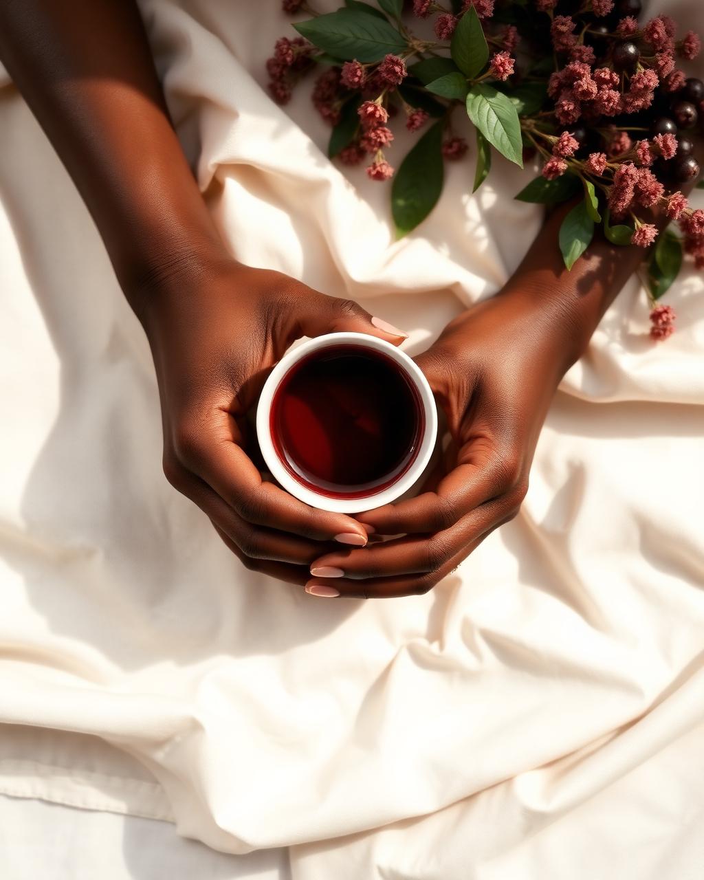 Hands cradling warm elderberry tea